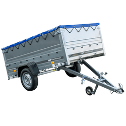 Anhänger mit faltbarer Deichsel GARDEN TRAILER 230 KIPP mit zusätzlichen Bordwänden, Stützrad und blauer Flachplane