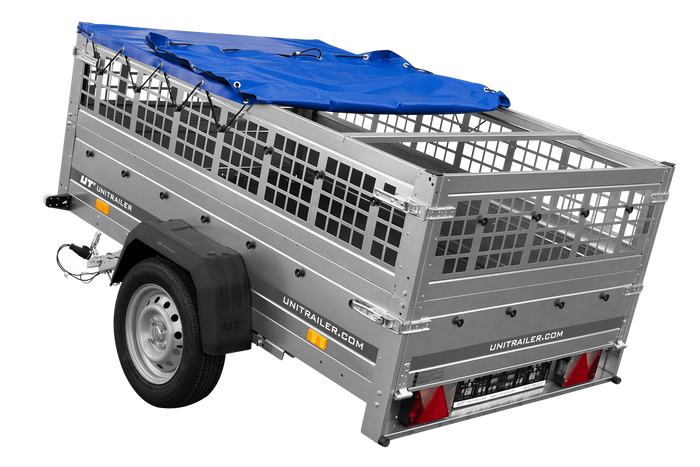 PKW-Anhänger auf Federn 200x125 UNITRAILER GARDEN 201/R KIPP mit Gitterwänden, H-0-Rahmen und blauer Plane