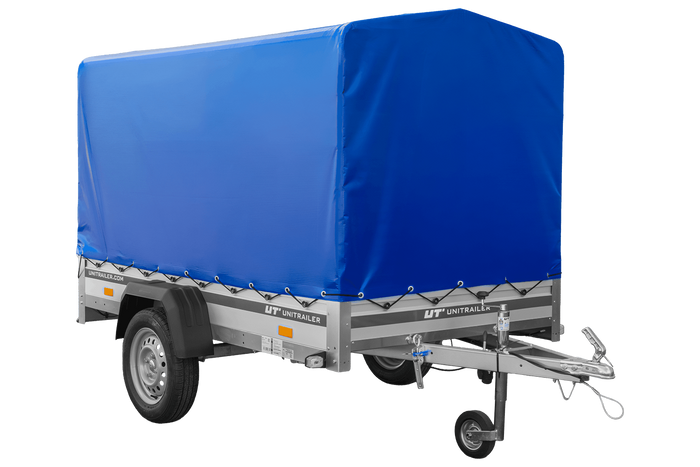 Autotransportanhänger mit Aluminiumwänden 230x125 Unitrailer Garden 230 KIPP ALU mit H1100-Rahmen und blauer Plane