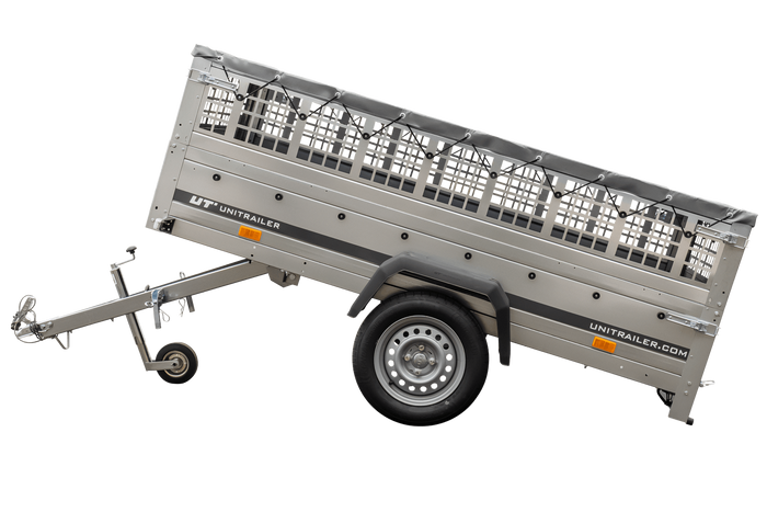 PKW-Ahänger 230x125 UNITRAILER GARDEN 230 KIPP mit Gitteraufsatz und grauer Plane