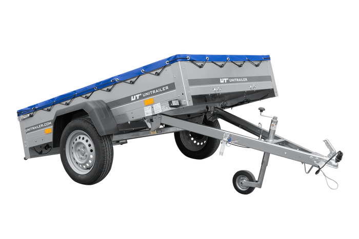 PKW-Anhänger 200x125 UNITRAILER GARDEN 201 KIPP mit blauer Flachplane und Flachplanenträger
