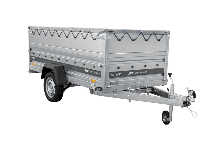 Einachsiger Anhänger auf Blattfedern 264x125 UNITRAILER FORCE 264/R KIPP mit BIS-Seitenwänden, H-0-Rahmen und grauer Plane