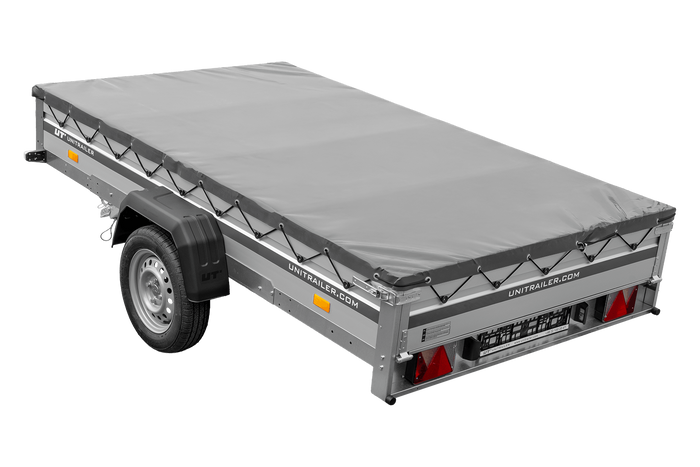 Autotransportanhänger mit Aluminiumseitenwänden 264x150 Unitrailer Garden 265 KIPP ALU mit H-0-Rahmen und grauer Plane
