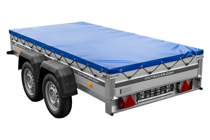 Zweiachsiger Anhänger mit Aluminiumseitenwänden 264x125 Unitrailer Garden 264/2 KIPP ALU mit H-0-Rahmen und blauer Plane