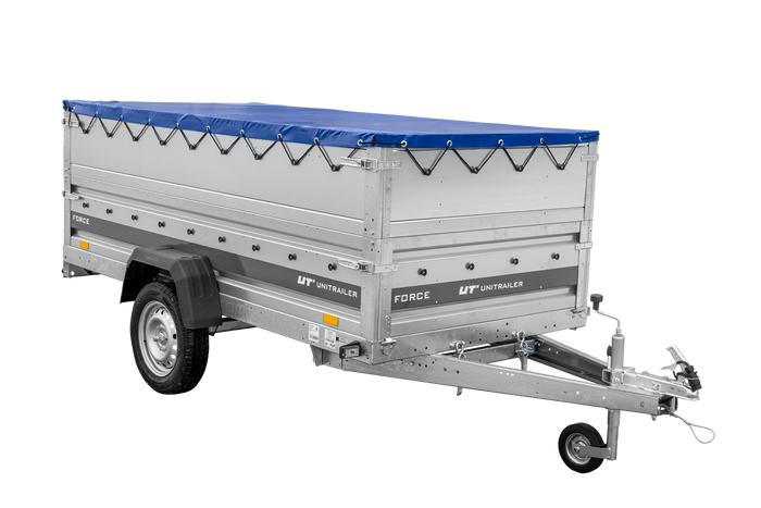 Leichter Anhänger 264x125 UNITRAILER FORCE 264 KIPP mit BIS-Seitenwänden, H-0-Rahmen und blauer Plane