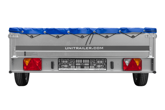 Einachsiger Anhänger auf Blattfedern 264x150 UNITRAILER GARDEN 265/R KIPP mit H-0-Rahmen und blauer Plane