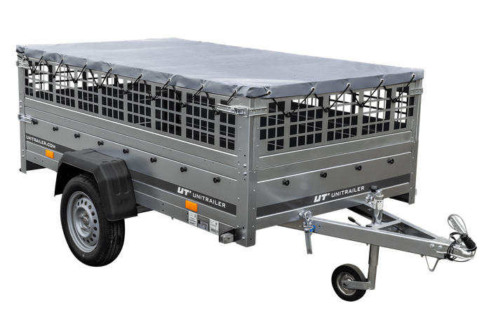 PKW-Anhänger 230x125 UNITRAILER GARDEN 230 KIPP mit Gitterseitenwänden und grauer Plane