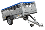 Pkw Transport Anhänger 230x125 Garden Trailer 230 KIPP mit Laubgitteraufsatz, blauer Flachplane und Stützrad