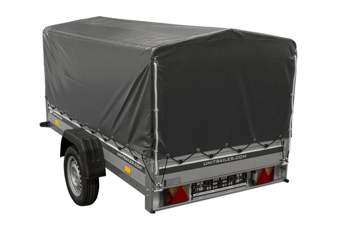 Einachsanhänger mit Aluminiumseitenwänden 230x125 Unitrailer Garden 230 KIPP ALU mit H-800 Rahmen und grauer Plane