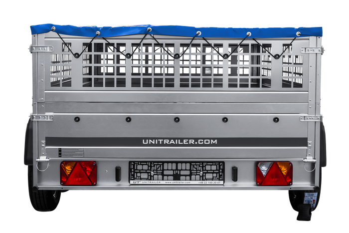 Leichter Anhänger 264x150 UNITRAILER GARDEN 265/2 KIPP mit Gitterwänden, H-0-Rahmen und blauer Plane