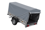 Einachsiger Anhänger auf Blattfedern mit Aluminiumseitenwänden 230x125 Unitrailer Garden 230/R KIPP ALU mit H-800 Rahmen und grauer Plane