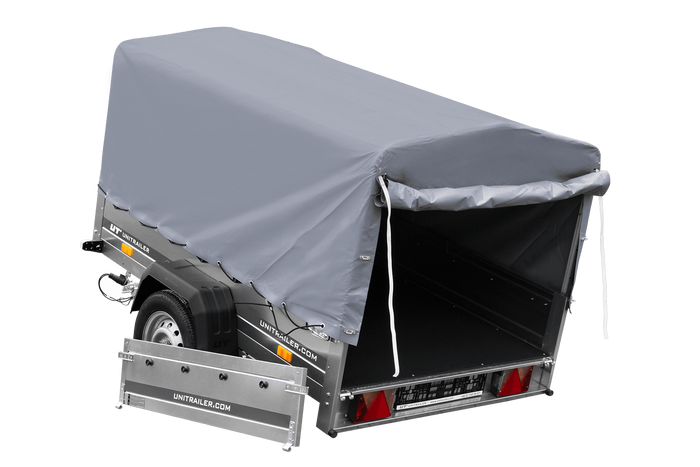 Einachsanhänger auf Federn 200x125 UNITRAILER GARDEN 201/R KIPP mit H-800-Rahmen und grauer Plane