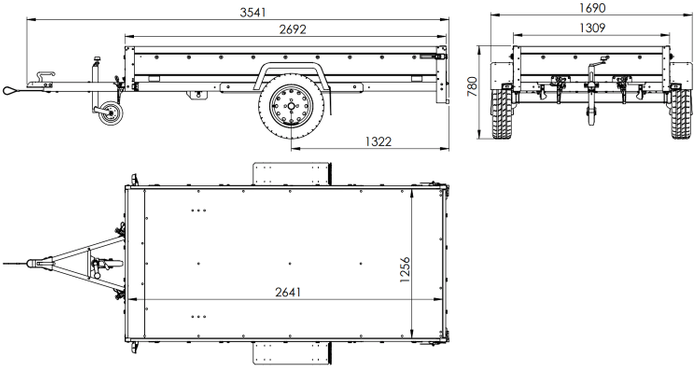 Autoanhänger mit Aluminiumseitenwänden 264x125 Unitrailer Garden 264 KIPP ALU mit H-1100 Rahmen und grauer Plane