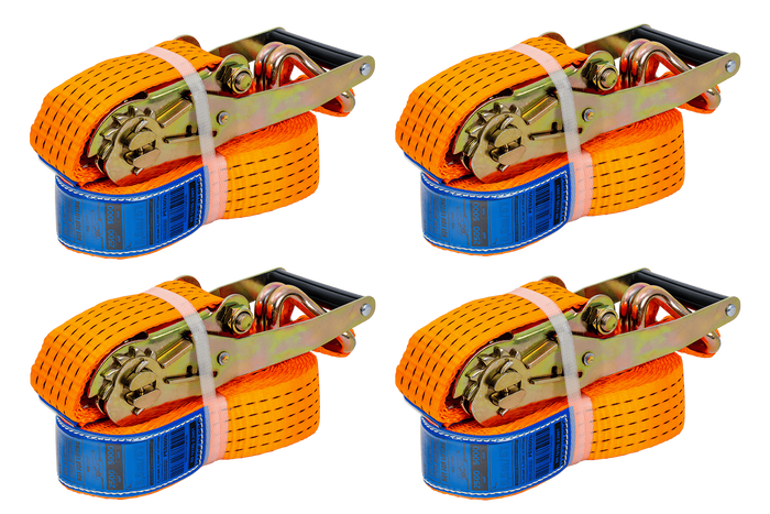 Satz aus vier orangefarbenen UNITRAILER 6m/50mm/5t Transportgurten mit Spannvorrichtung