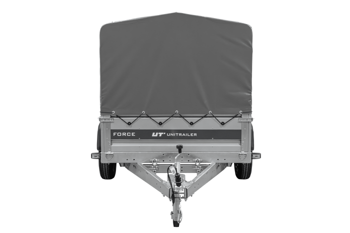 Anhänger mit Blattfedern 230x125 UNITRAILER FORCE 230/R KIPP ungebremst mit H-800 Spriegel und grauer Hochplane