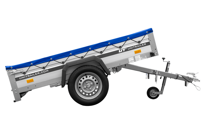 Einachsiger Anhänger auf Blattfedern mit Aluminiumseitenwänden 200x125 Unitrailer Garden 201/R KIPP ALU mit H-0-Rahmen und blauer Plane