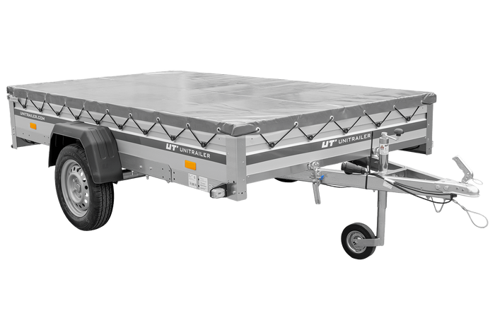Autotransportanhänger mit Aluminiumseitenwänden 264x150 Unitrailer Garden 265 KIPP ALU mit H-0-Rahmen und grauer Plane