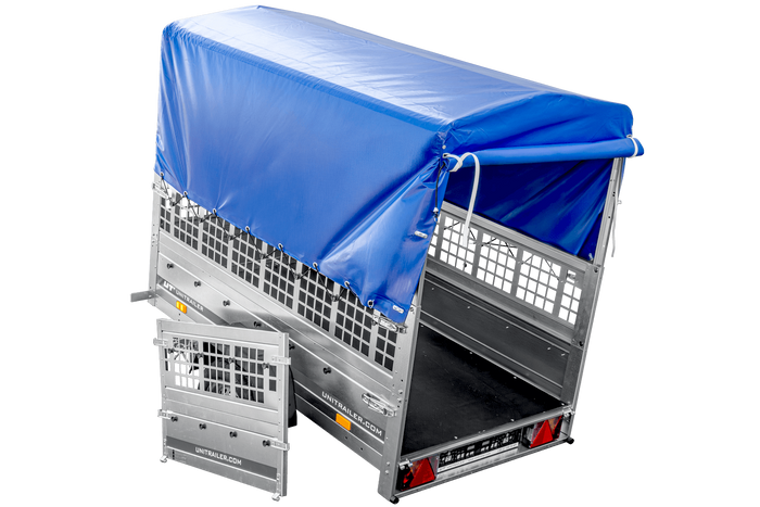 Leichter Anhänger 200x106 UNITRAILER GARDEN 200 KIPP mit Gitterwänden, H-800 Rahmen und blauer Plane