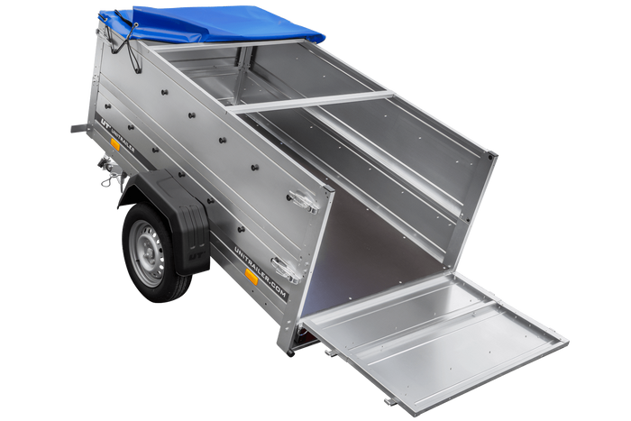 Gartenanhänger 200 Kipp mit Stützrad, zwei Seitenwänden, H-0-Rahmen und blauer Plane