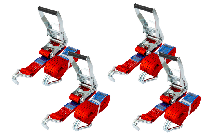 Satz aus vier roten UNITRAILER 4m/50mm/5t Transportgurten mit Spannvorrichtung