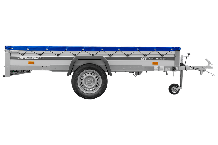 Autotransportanhänger mit Aluminiumseitenwänden 264x150 Unitrailer Garden 265 KIPP ALU mit H-0-Rahmen und blauer Plane