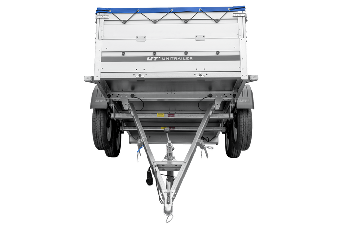 Zweiachsiger Anhänger mit Aluminiumseitenwänden 264x125 Unitrailer Garden 264/2 KIPP ALU mit BIS-Seitenwänden, H-0-Rahmen und blauer Plane