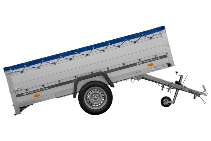 Einachsanhänger mit Aluminiumseitenwänden 264x150 Unitrailer Garden 265 KIPP ALU mit BIS-Seitenwänden, H-0-Rahmen und blauer Plane