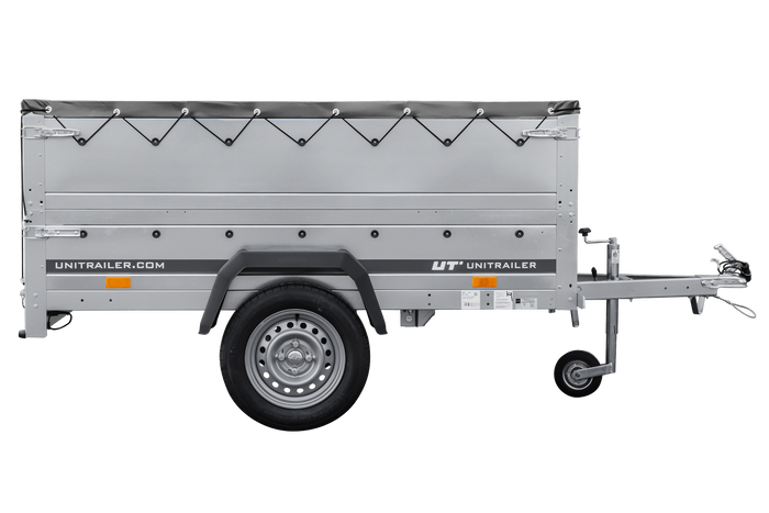 Gartenanhänger 200 Kipp mit Stützrad, zwei Seitenwänden, H-0-Rahmen und grauer Plane