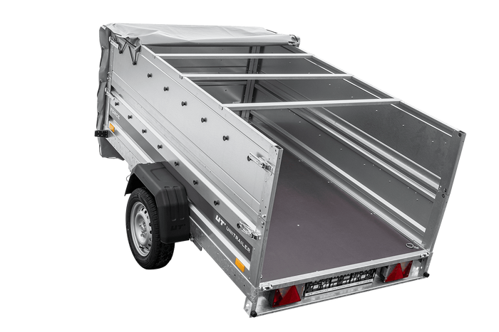 Autotransportanhänger auf Federn 230x125 UNITRAILER FORCE 230/R KIPP mit BIS-Seitenwänden, H-0-Rahmen und grauer Plane