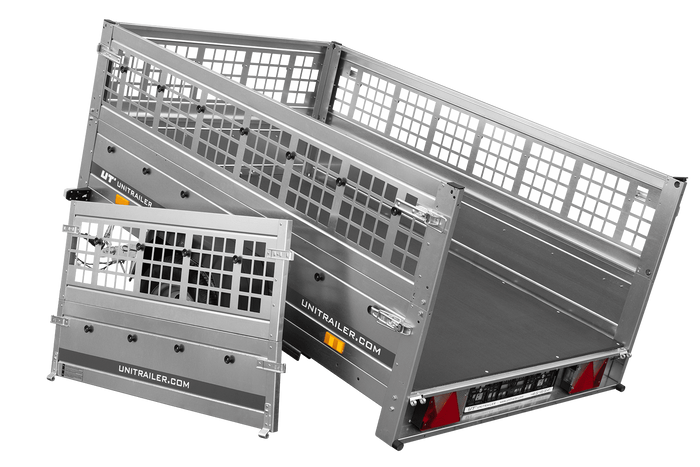 PKW-Anhänger auf Federn 200x125 UNITRAILER GARDEN 201/R KIPP mit Gitterwänden, H-0-Rahmen und blauer Plane