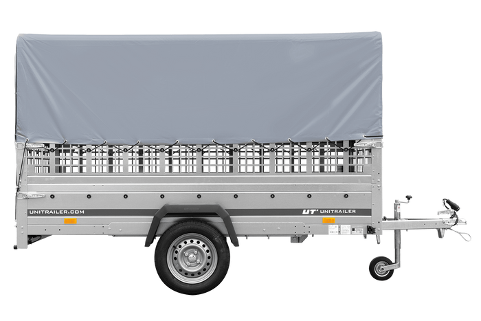 1-Achs-Anhänger GARDEN TRAILER 264 KIPP mit Laubgitteraufsatz, grauer Hochplane, Hochspriegel und Stützrad