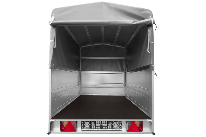 Autotransportanhänger 200x125 UNITRAILER GARDEN 201 KIPP mit BIS-Seitenwänden, H-800-Rahmen und grauer Plane