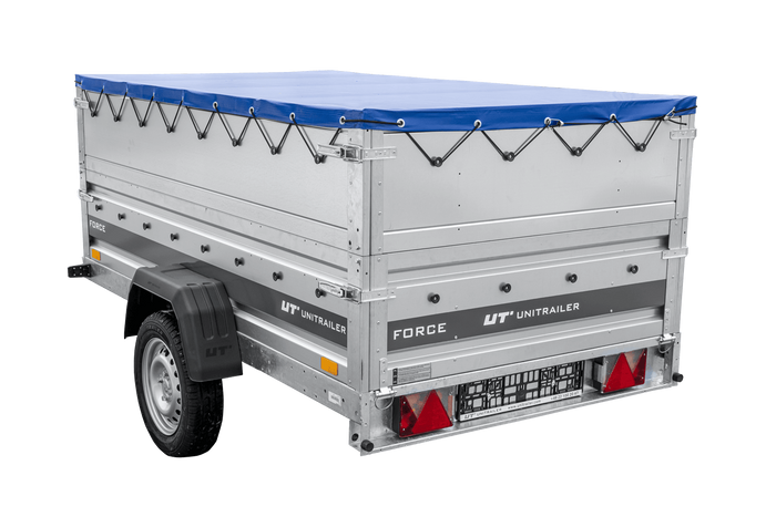Leichter Anhänger 230x125 UNITRAILER FORCE 230 KIPP mit BIS-Seitenwänden, H-0-Rahmen und blauer Plane