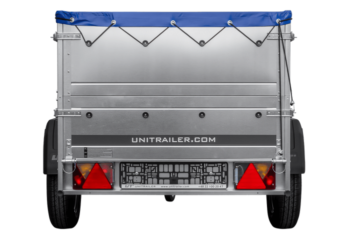 Gartenanhänger 200 Kipp mit Stützrad, zwei Seitenwänden, H-0-Rahmen und blauer Plane