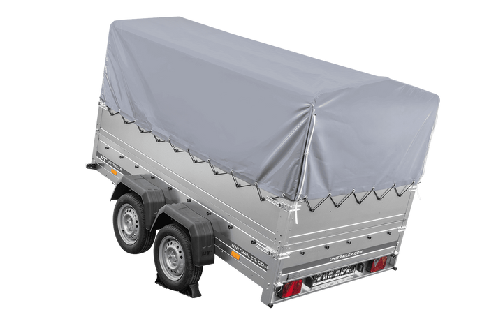 Leichter Anhänger 264x150 UNITRAILER GARDEN 265/2 KIPP mit BIS-Seitenwänden, H-800-Rahmen und grauer Plane