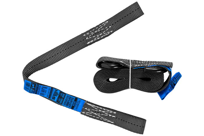 Set aus zwei HILLS 3 m/25 mm/1 t Transportgurten mit Spannvorrichtung und zwei 0,45 m Gurten zur Sicherung des Motorrads