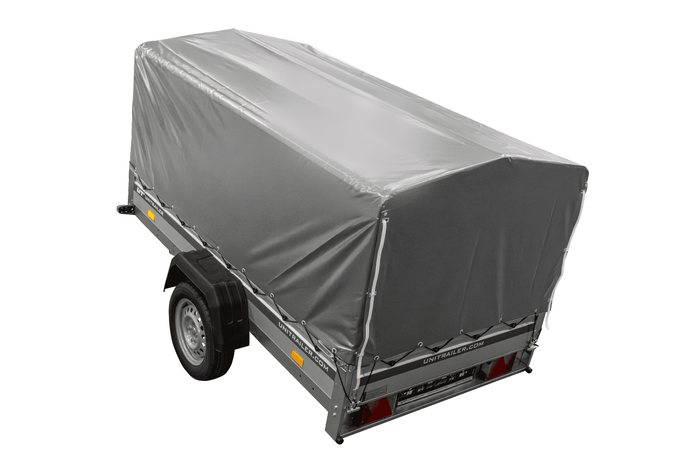 Einachsanhänger mit ALU-Bordwänden 230x125 Unitrailer Garden 230 KIPP ALU mit H-800 Rahmen und grauer Plane