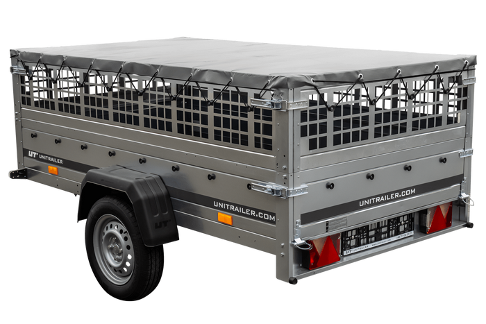 PKW-Ahänger 230x125 UNITRAILER GARDEN 230 KIPP mit Gitteraufsatz und grauer Plane
