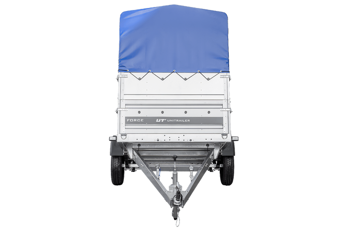 Einachsiger Anhänger auf Blattfedern 230x125 UNITRAILER FORCE 230/R KIPP mit BIS-Seitenwänden, H-800-Rahmen und blauer Plane