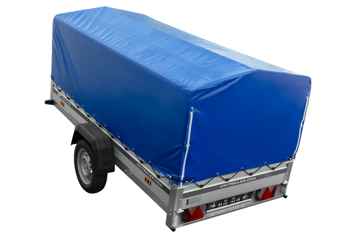Einachsanhänger mit Aluminiumseitenwänden 264x125 Unitrailer Garden 264 KIPP ALU mit H-800 Rahmen und blauer Plane