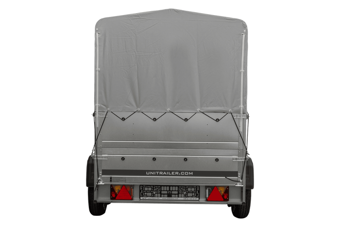 2-Achs Pkw-Anhänger UNITRAILER GARDEN TRAILER 264/2 KIPP mit Stützrad, Bordwandaufsatz, H-800 Rahmen und grauer Plane