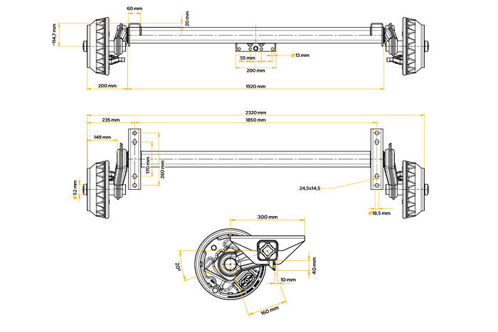KNOTT VGB18MV gebremste Achse für Anhänger/Träger 1800 kg 1850 mm 2320 mm 5x112