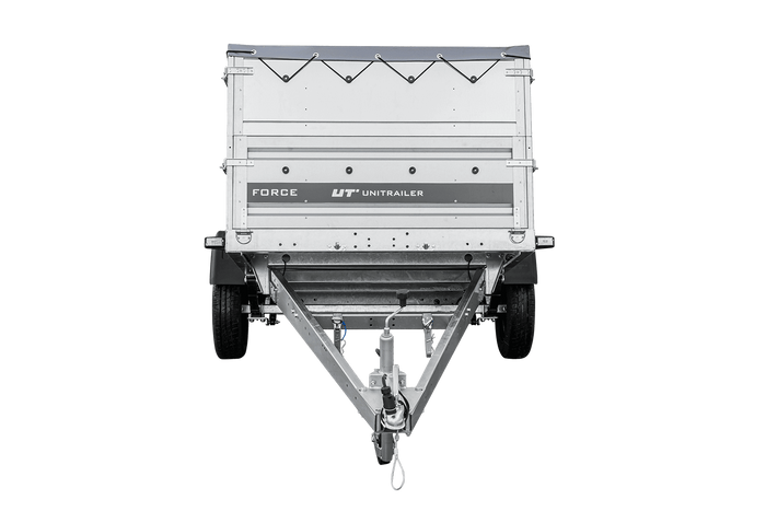 Autotransportanhänger auf Federn 230x125 UNITRAILER FORCE 230/R KIPP mit BIS-Seitenwänden, H-0-Rahmen und grauer Plane