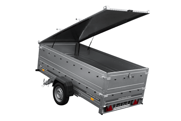 Einachsiger Anhänger auf Blattfedern 264x125 UNITRAILER GARDEN 264/R KIPP mit BIS-Seitenwänden und Aluminiumabdeckung