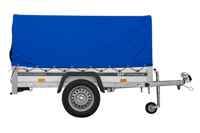 Einachsanhänger mit Aluminiumseitenwänden 200x125 Unitrailer Garden 201 KIPP ALU mit H-800 Rahmen und blauer Plane