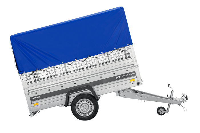 Autotransportanhänger auf Federn 230x125 UNITRAILER FORCE 230/R KIPP mit Gitterwänden, H-800 Rahmen und blauer Plane