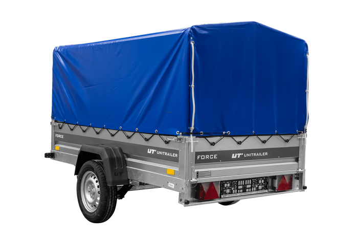 Anhänger mit Blattfedern 230x125 UNITRAILER FORCE 230/R KIPP mit H-800 Spriegel und blauer Hochplane