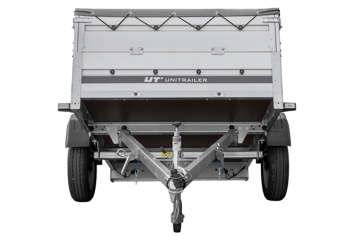 Autotransportanhänger mit Aluminiumwänden 200x125 Unitrailer Garden 201 KIPP ALU mit BIS-Seitenwänden, H-0-Rahmen und grauer Plane