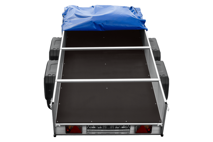 Zweiachsiger Anhänger mit Aluminiumseitenwänden 264x125 Unitrailer Garden 264/2 KIPP ALU mit H-0-Rahmen und blauer Plane