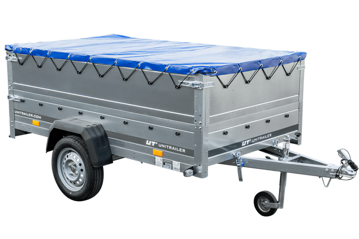 Anhänger mit faltbarer Deichsel GARDEN TRAILER 230 KIPP mit zusätzlichen Bordwänden, Stützrad und blauer Flachplane